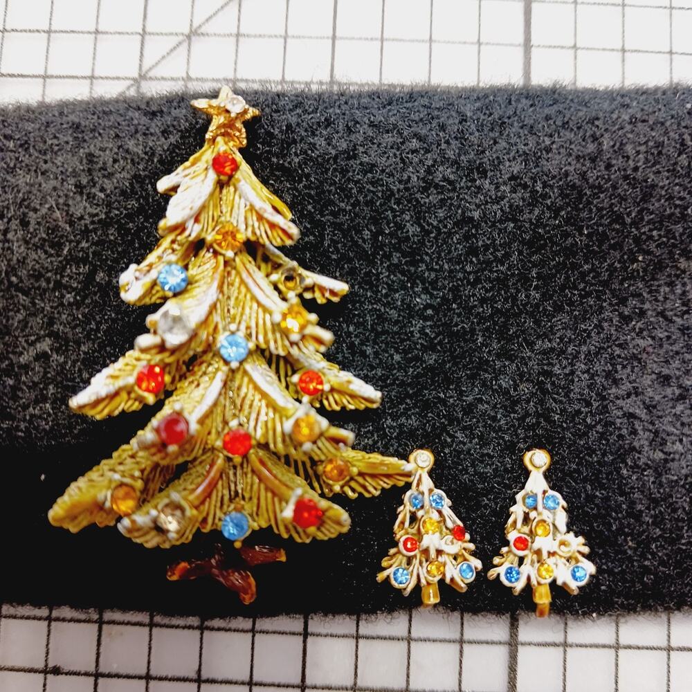 Set Jewelry VTG ART Arthur Pepper Christmas Tree Brooch Clip Earring Rhinestones